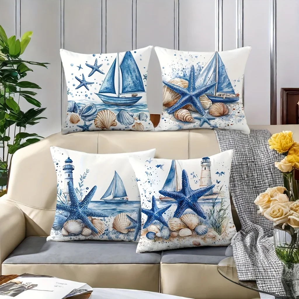 Nautical Beach Scene Throw Pillow Covers Set - Coastal Starfish, Lighthouse, and Seascape Art Decor