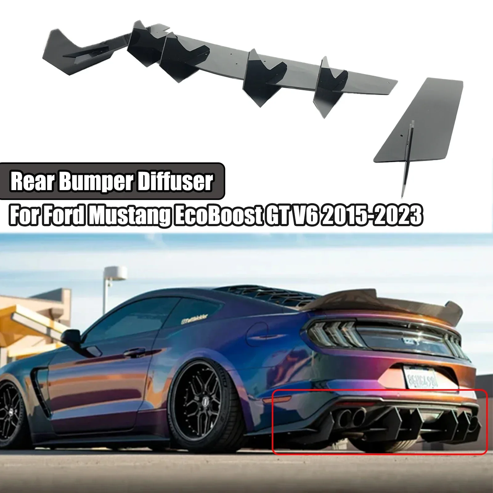 

For Ford Mustang EcoBoost GT V6 2015-2023 Rear Bumper Diffuser Spoiler Splitter Lip Car Exterior Accessies Black