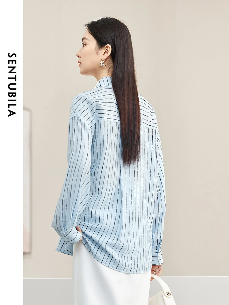 SENTUBILA Contrast Striped Thin Loose Button Up Shirt 2024 Spring Fashion Split Polo Collar Blouse Woman Clothing 141C53353