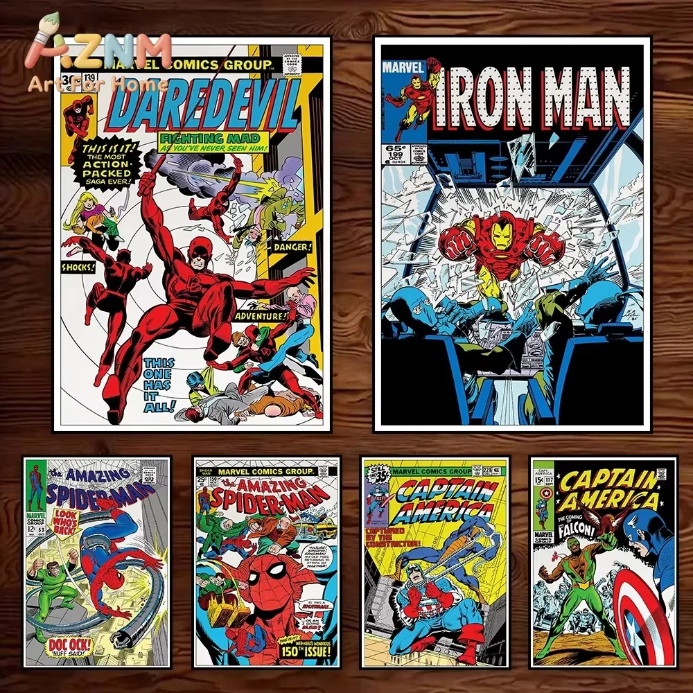 AZNM1pc Classical Superheroes Comic Print Wall Art Vintage Movie Poster Spider Man Hulk Canvas Painting Decor