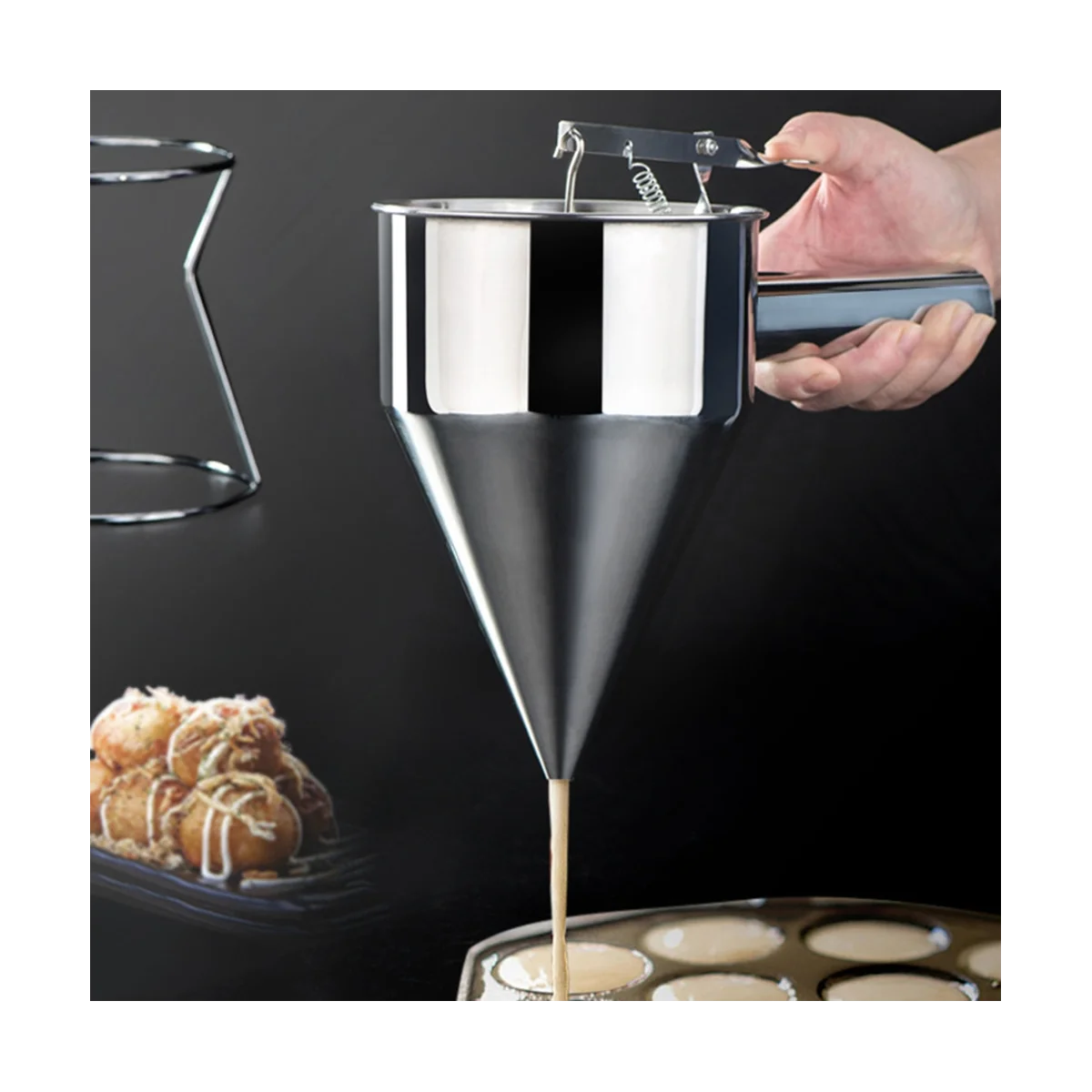Dispensador de massa de panqueca, dispensador de bolo de funil de aço inoxidável multi com suporte ótimo para panquecas, cozido