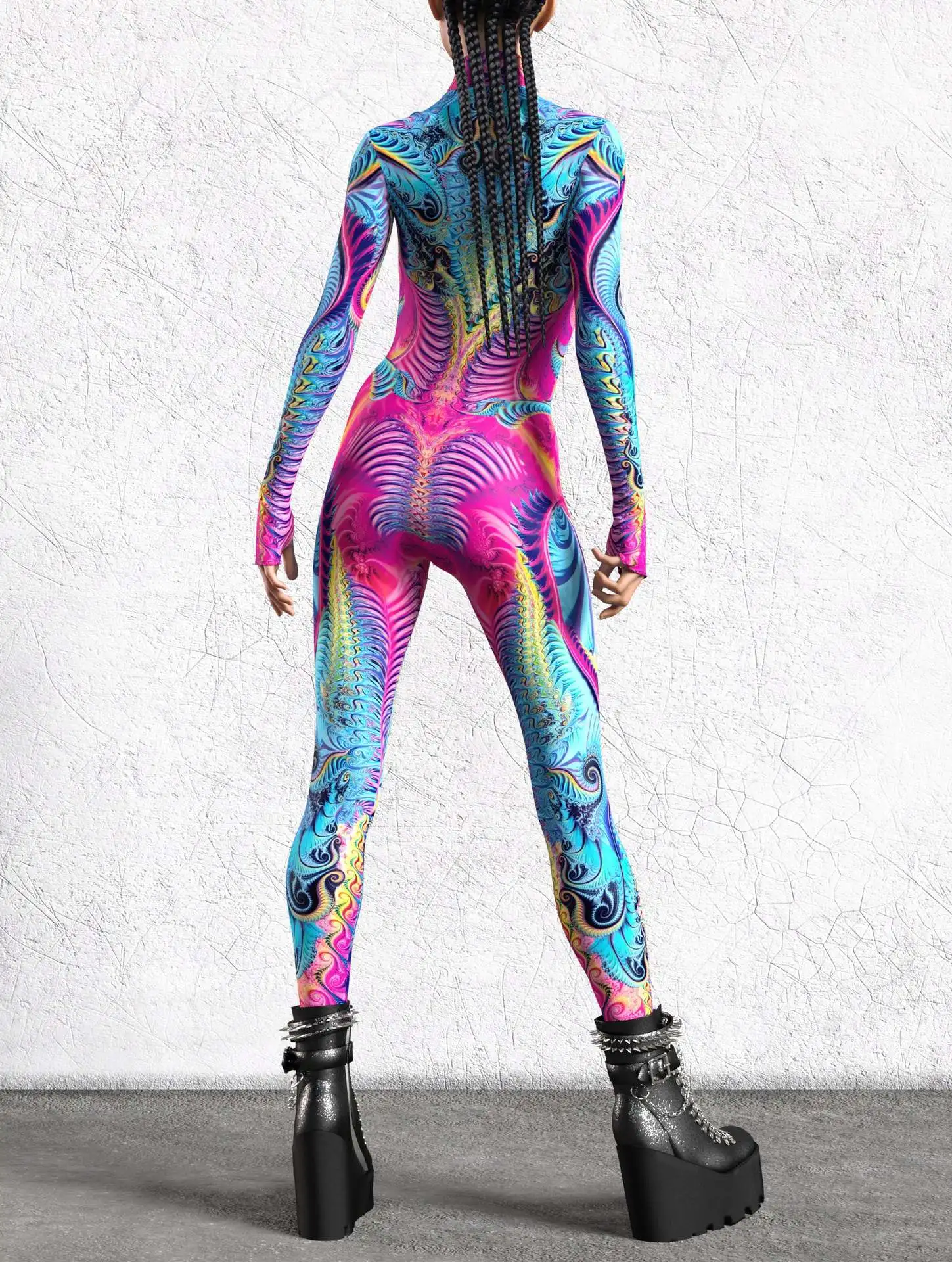 Bunt bedruckter Damen-Jumpsuit für Urlaub und Party, Punk-Zentai, Rave-Outfit, Yoga-Catsuit, Fahrrad- und Halloween-Anzug – Detail 10