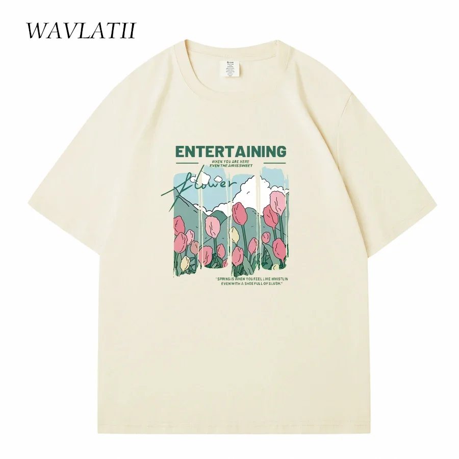 WAVLATII Women New Comics Flowers Printed T shirts Female Beige Streetwear Summer Tees Lady Casual Short Sleeve Tops WT2329