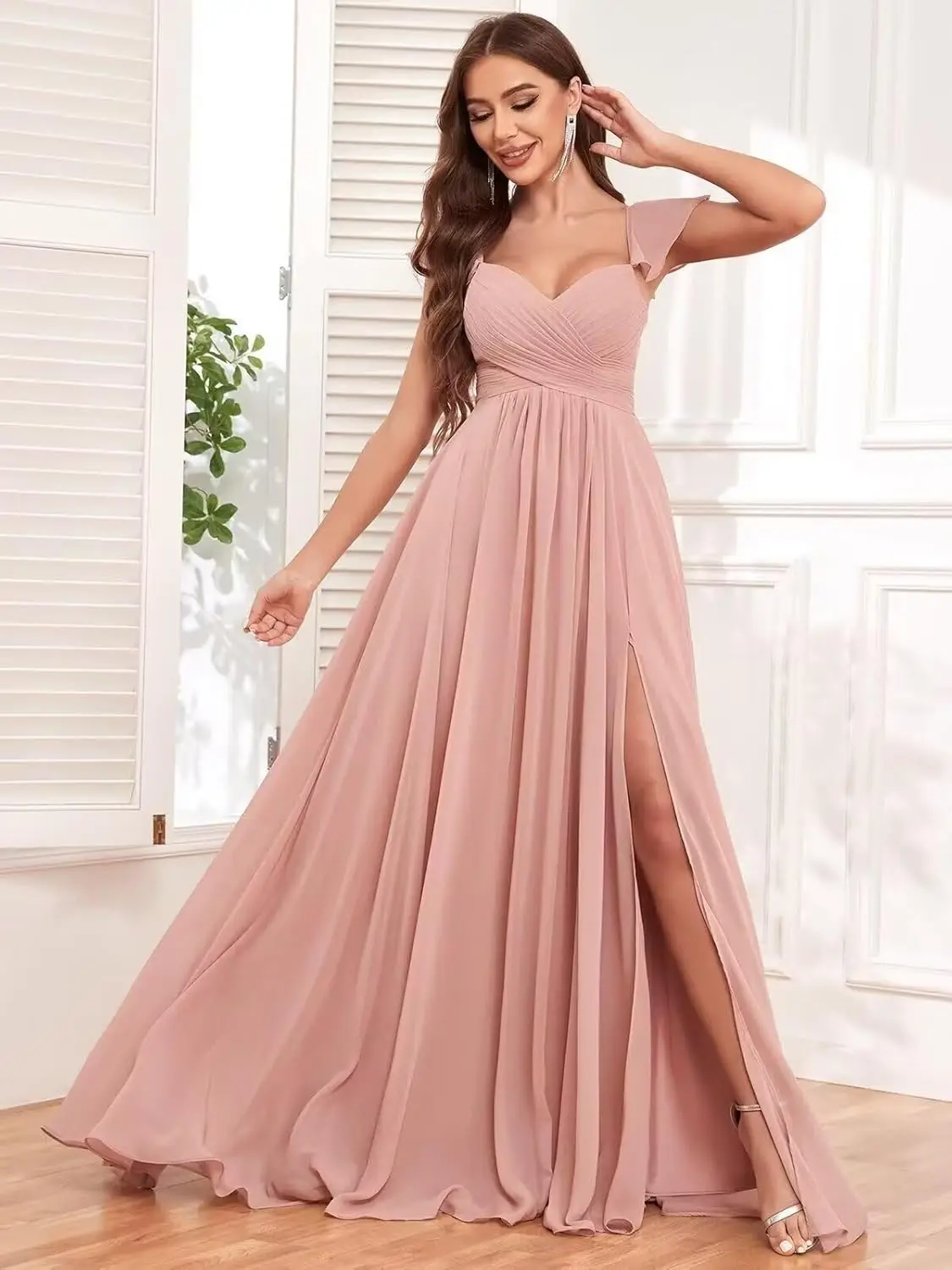 

Customized Chiffon Bridesmaid Dresses Exquisite High Quality Pleated V Neck Formal Evening Gowns with Slit Party Dress for Women