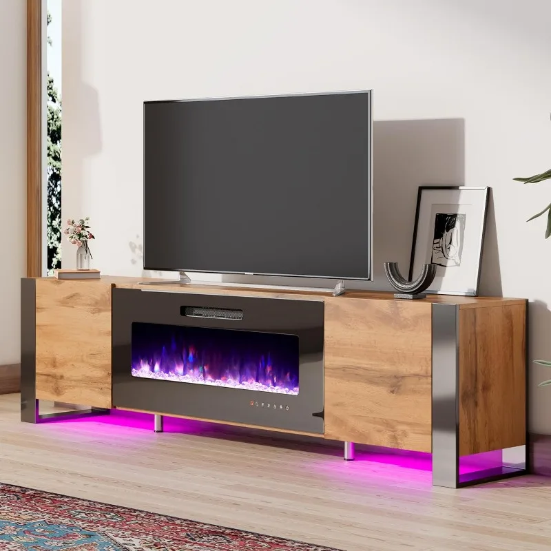 

U-Shaped Legs 70" Fireplace TV Stand, Mirrored Finish Media Console with 36" Electric Fireplace, Modern LED Lights Storage