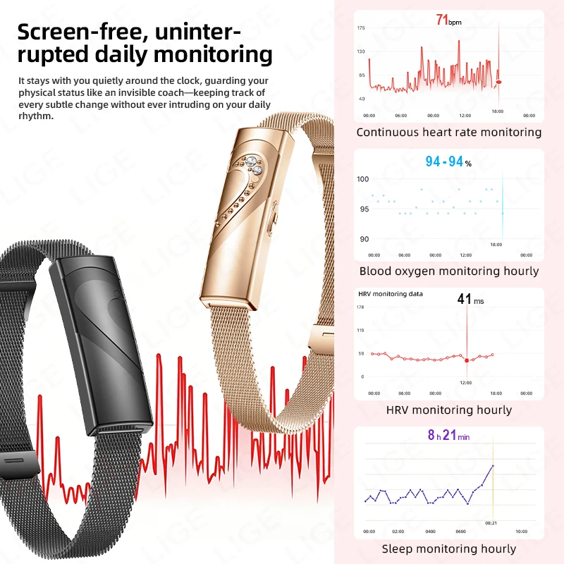 LIGE Smart Bracelet Real-time Heart Rate Monitoring Sports Fitness Tracker Wristband Waterproof Smart Watch For Couple Fashion