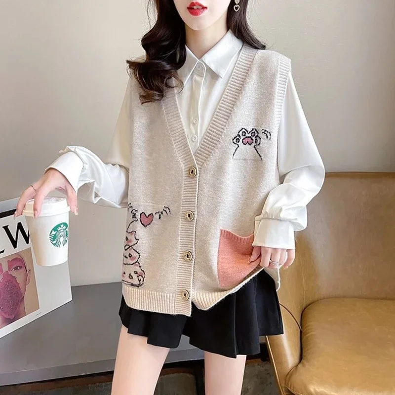 

Women's 2025 New Hot Sale Cartoon Print Knit Vest Stylish Jacquard Color Block Button Harajuku V Neck Loose Cardigan Outerwear