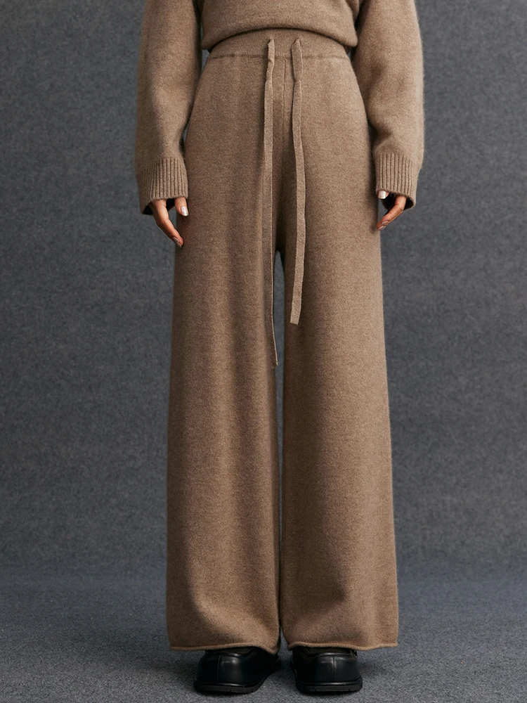 Женские трикотажные брюки из 100% кашемира, толстые плиссированные широкие брюки, осень-зима, повседневные кашемировые трикотажные брюки в простом стиле