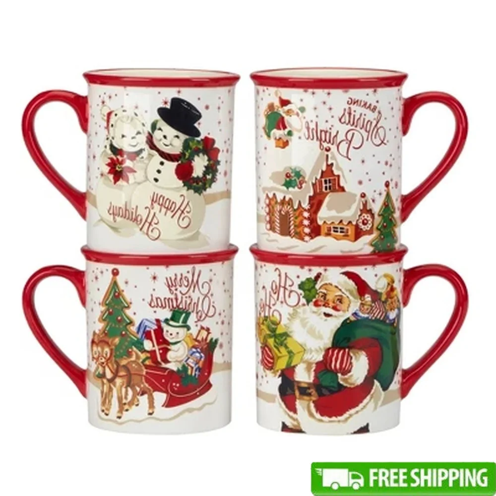 

Set of 4 18oz Santa's Retro Christmas Mugs Ceramic Dishwasher & Microwave Safe Holiday Drinkware