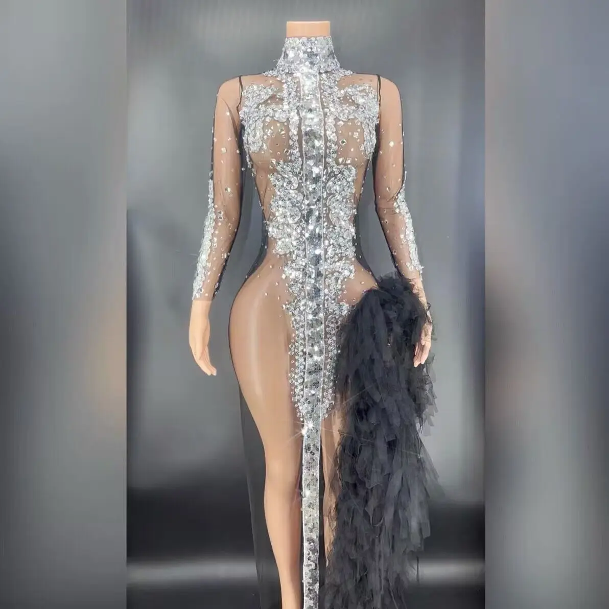 Vestido sexy de malha de palco feminino, branco, preto, lantejoulas prateadas brilhantes, aniversário, noite comemoram, estiramento, transparente, vestido anfitrião