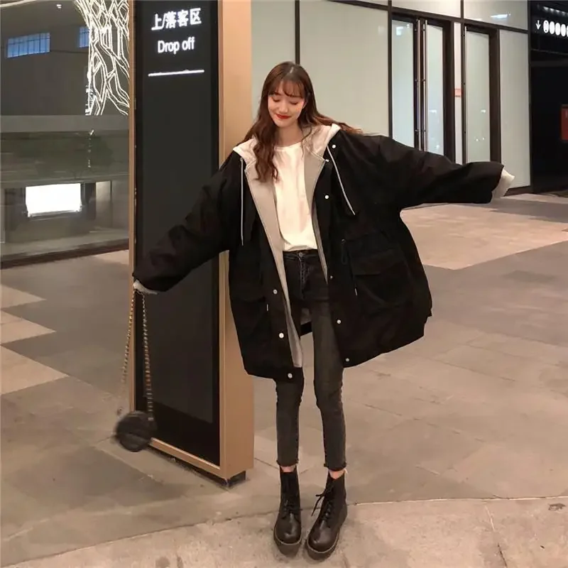 

Женские парки со шляпой в стиле пэчворк, свободный дизайн в стиле BF, искусственные двойки, для отдыха, для пары, модная верхняя одежда-карго, универсальные Ins