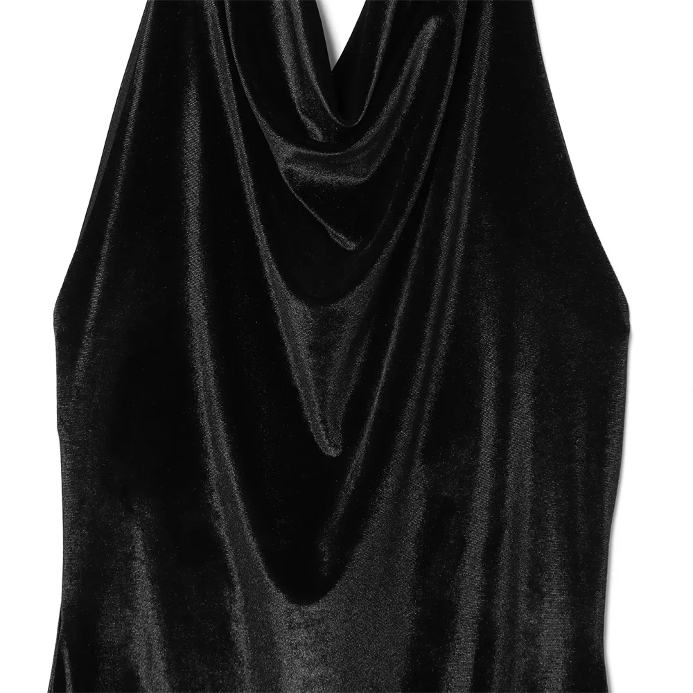 Zimowa Nowość Damska Francuska Retro Luksusowa Zmysłowa Sukienka Midi z Aksamitu z Dekoltem typu Halter i Koronkowym Kołnierzykiem z Aksamitu