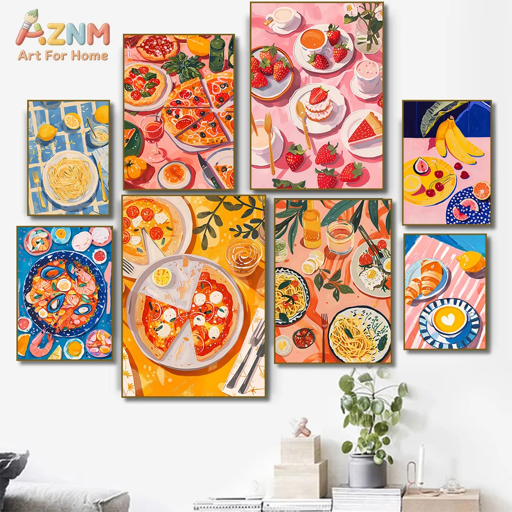 AZNM Colorful Italian Food Canvas Wall Art Pizza Pasta Seafood Fruit Illustration Trendy Kitchen Dining Room Poster Unframed