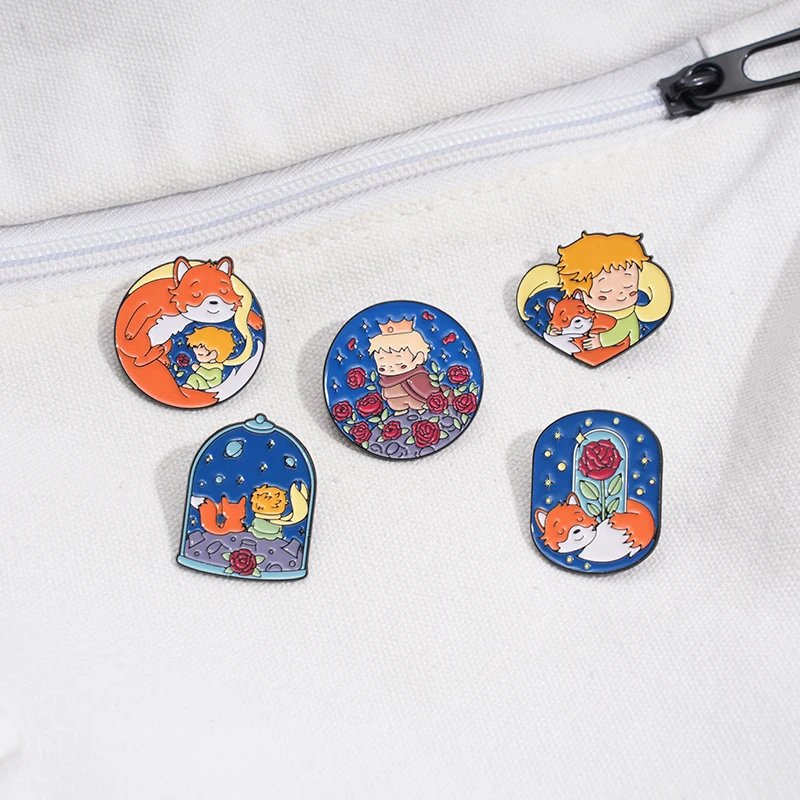 Cartoon Boy and Fox Starry Sky Enamel Pins Star Moon Fox Rose Flower Brooch Collar Lapel Badge Accessories Gift Kids Friends