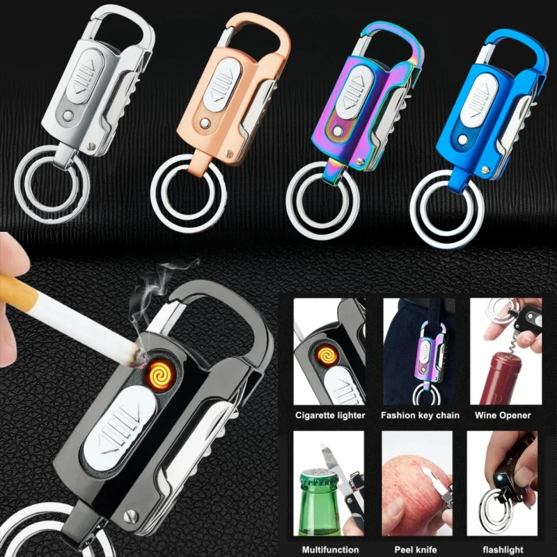 Outdoor Portable Multi functional Wine Open Keychain Lighter Personalized USB Charging Windproof and Silent Cigarette Lighter