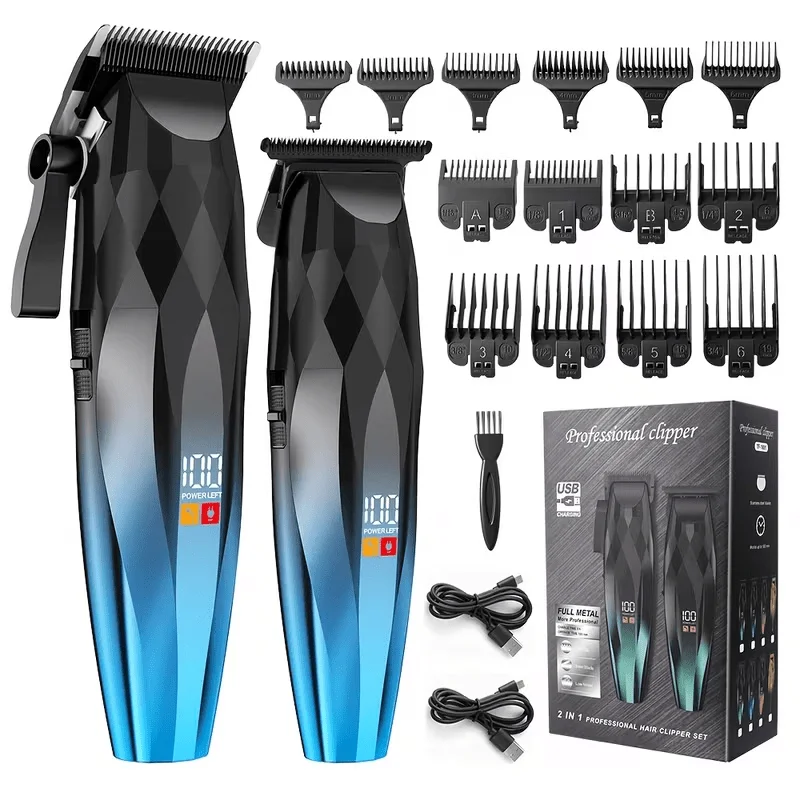 Professional Hair Clippers Set Cordless USB Rechargeable T-Blade Outline Trimmer for Haircut Beard Grooming Styling High Power