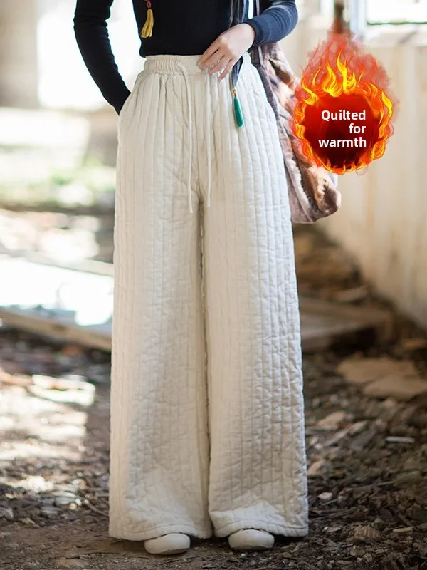 

Winter Pure Color Linen Casual Cotton Pants plus Size Women's Striped Filled Warm Slim Straight Wide Leg Trousers