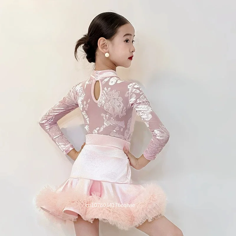 

Children's girls' Latin dance outfit new style practice suit with half high collar and long sleeves, high-end training suit set