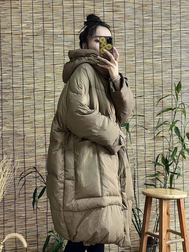 Schinteon Women White Duck Down Long Jacket with Hood Loose Over Size Coat Autumn Winter Warm Outwear Korean Style Big Pockets
