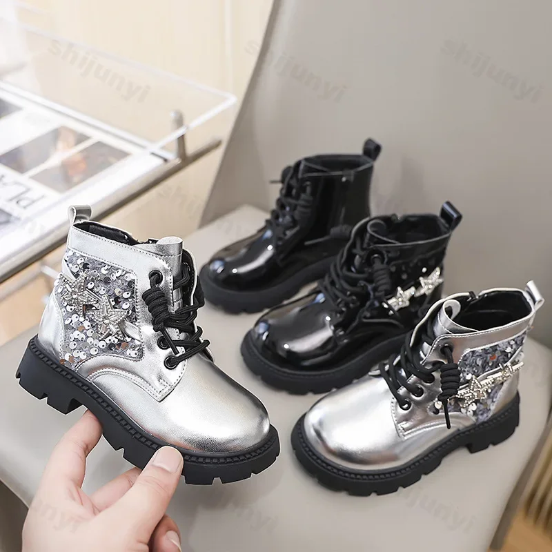 Luxury Girls Princess Ankle Boots New 2025 Winter Sweet Sequins Children Fashion Short Boots Glossy Kids Causal Cotton Boots