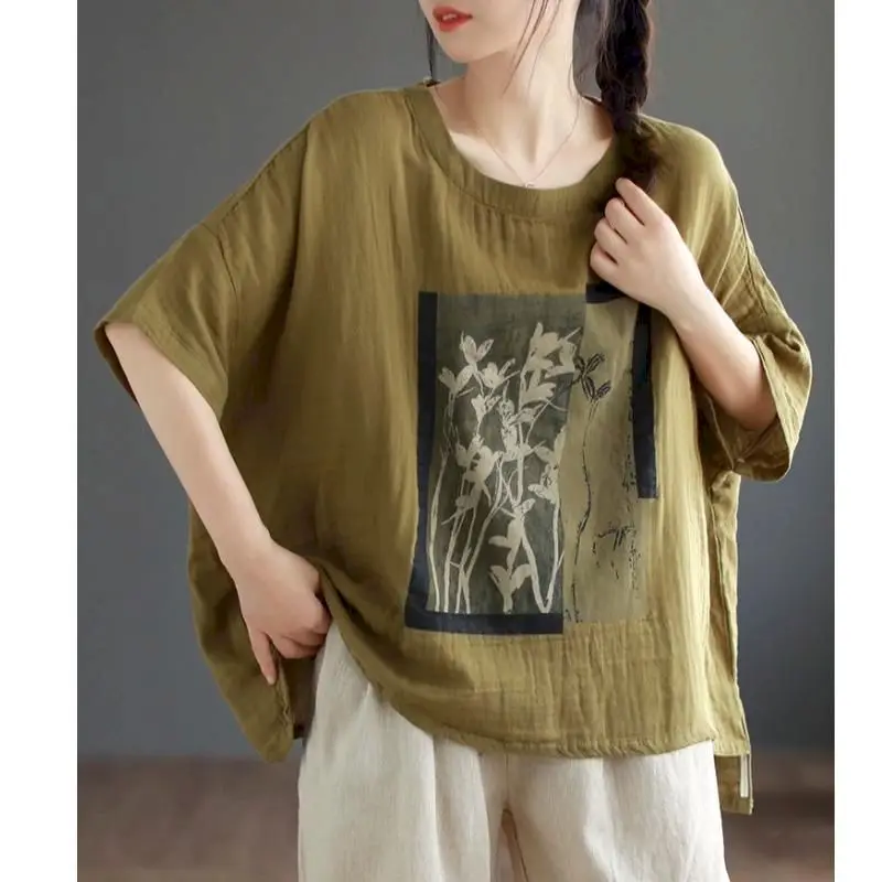 Cotton Linen T Shirt Women Art Vintage Print Loose T-shirt Fashion Casual Short Sleeve Oversized Blouse Summer Trend Thin Tshirt