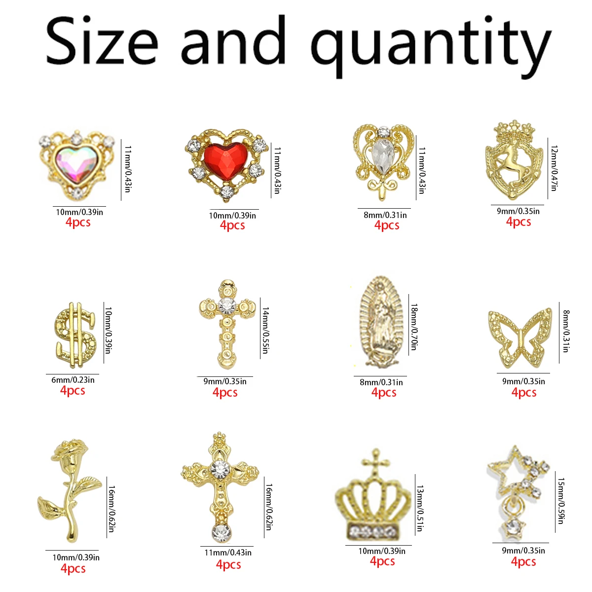 48개 골드 네일 참, 12가지 모양 골드 하트 네일 참, 3D 나비 네일 참, 합금 골드 네일 십자가, 반짝이는 돈 상징
