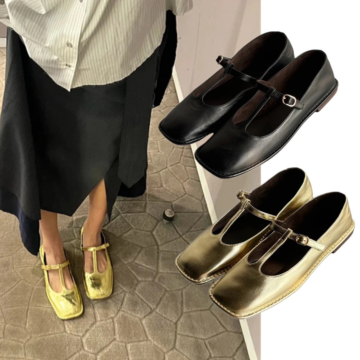 

Maxdutti Minimalist Genuine Leather Mary Jane Shoes French Lazy Retro Square Toe Flat Shoes Grandma Shoes Loafers Shoes Women