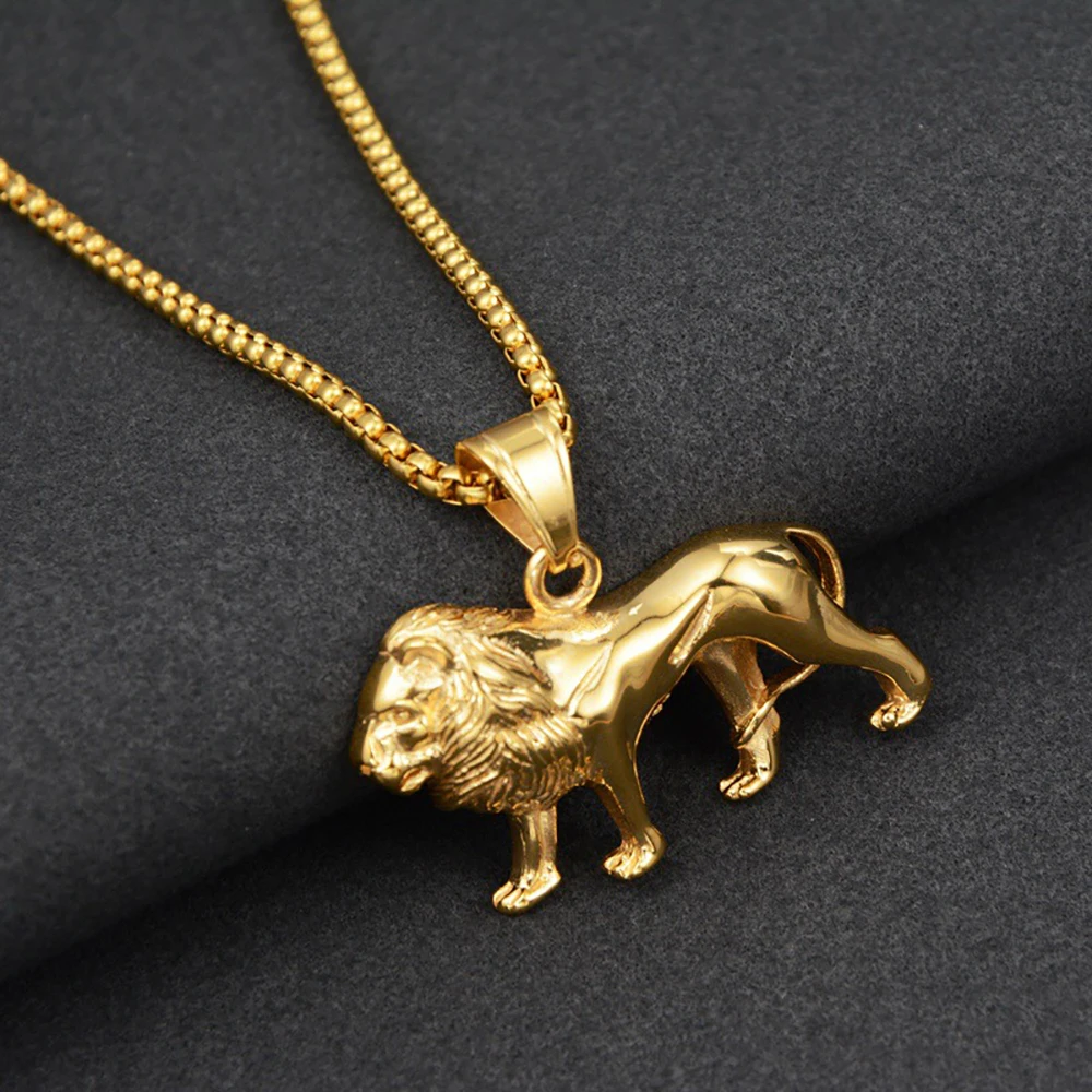 Punk Rock Animal Lion Pendant Necklaces Male Gold Color Stainless Steel Chains for Men Women Rapper Jewelry Gifts