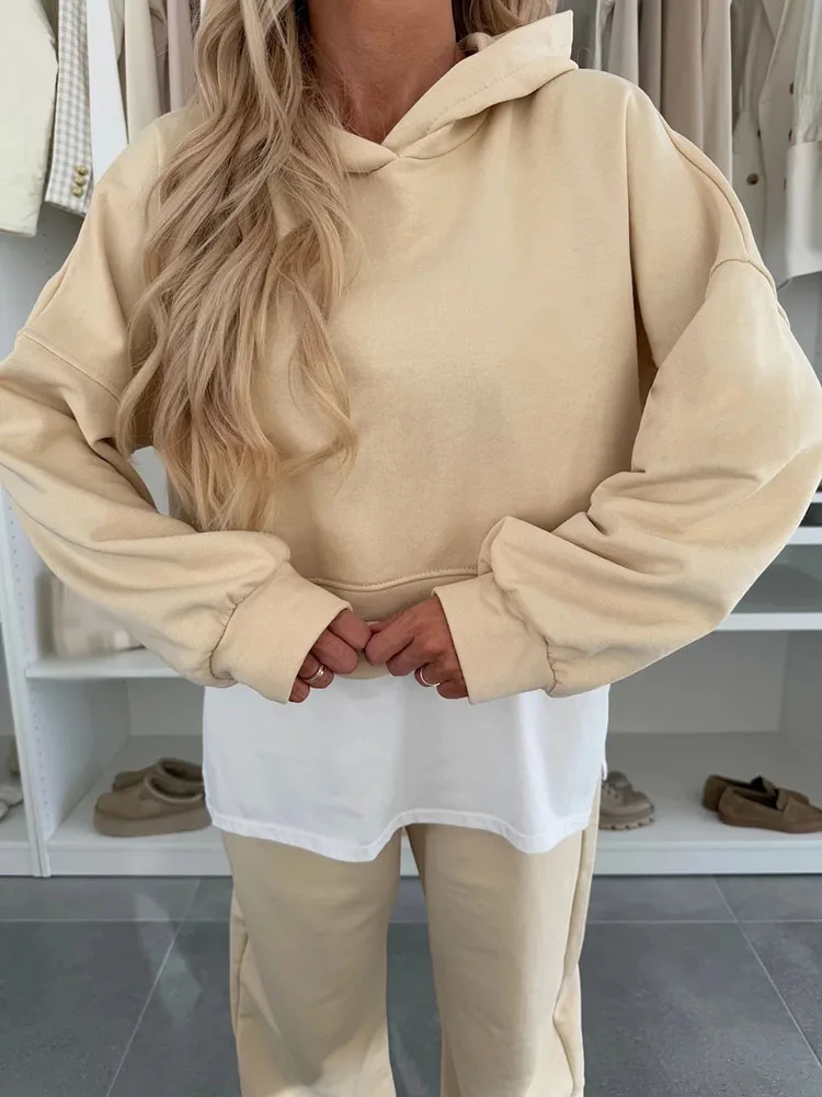 بدلة رياضية بقلنسوة غير رسمية ملونة للخريف والشتاء بأكمام طويلة مع قلنسوة وسراويل مكونة من قطعتين ملابس لياقة بدنية نسائية بسيطة