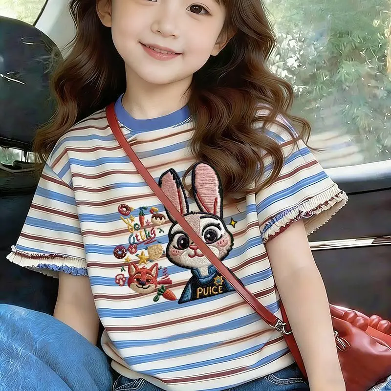 

Pure Cotton Children's Men, Women and Children's 2026 Summer New Striped Animal City Round Neck Short-sleeved T-shirt Top