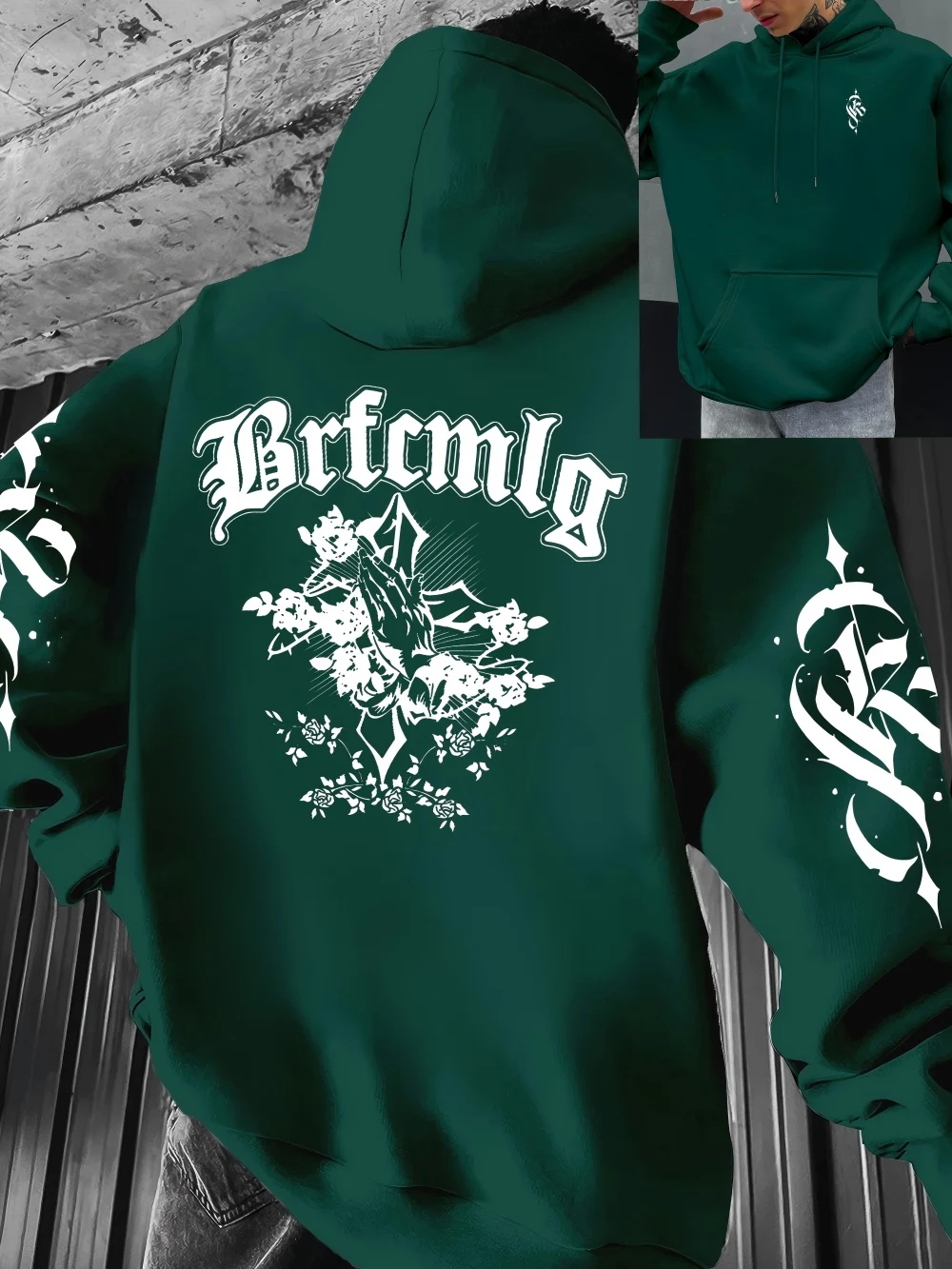 Street man's hooded sweatshirt with ornate gothic script prayer hands and rose print. Artistic design of a loose turtleneck top.