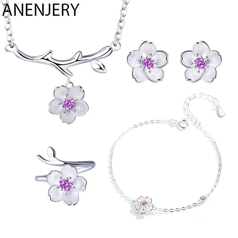 ANENJERY Romantic Cherry Blossoms Flower Jewelry Sets Pendant Cute Bridal Wedding Sets