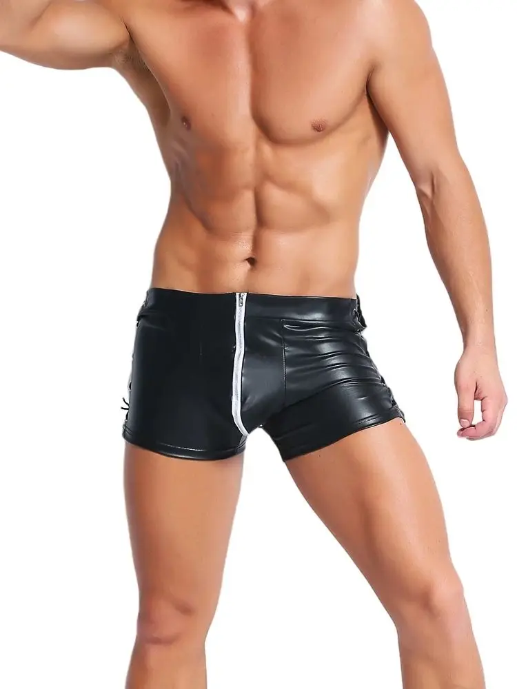 

Faux PU Leather Zipper Convex Pouch Shorts Trunks Mens Boxer Briefs Lace Up Bandage Boxershorts Tights Sexy Calzoncillos Ropa