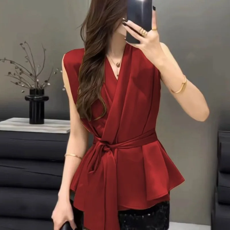 New Summer Slim Sleeveless Shirt Women Fashion V-neck Cross Lace Up Solid Color Thin Temperament Elegant Office Lady Top