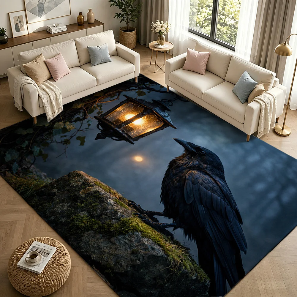 1pc Elegant Retro Area Rug, Dark Raven Pattern, Non-Slip, Easy to Clean, Light & Soft, Machine Washable, for Living Room