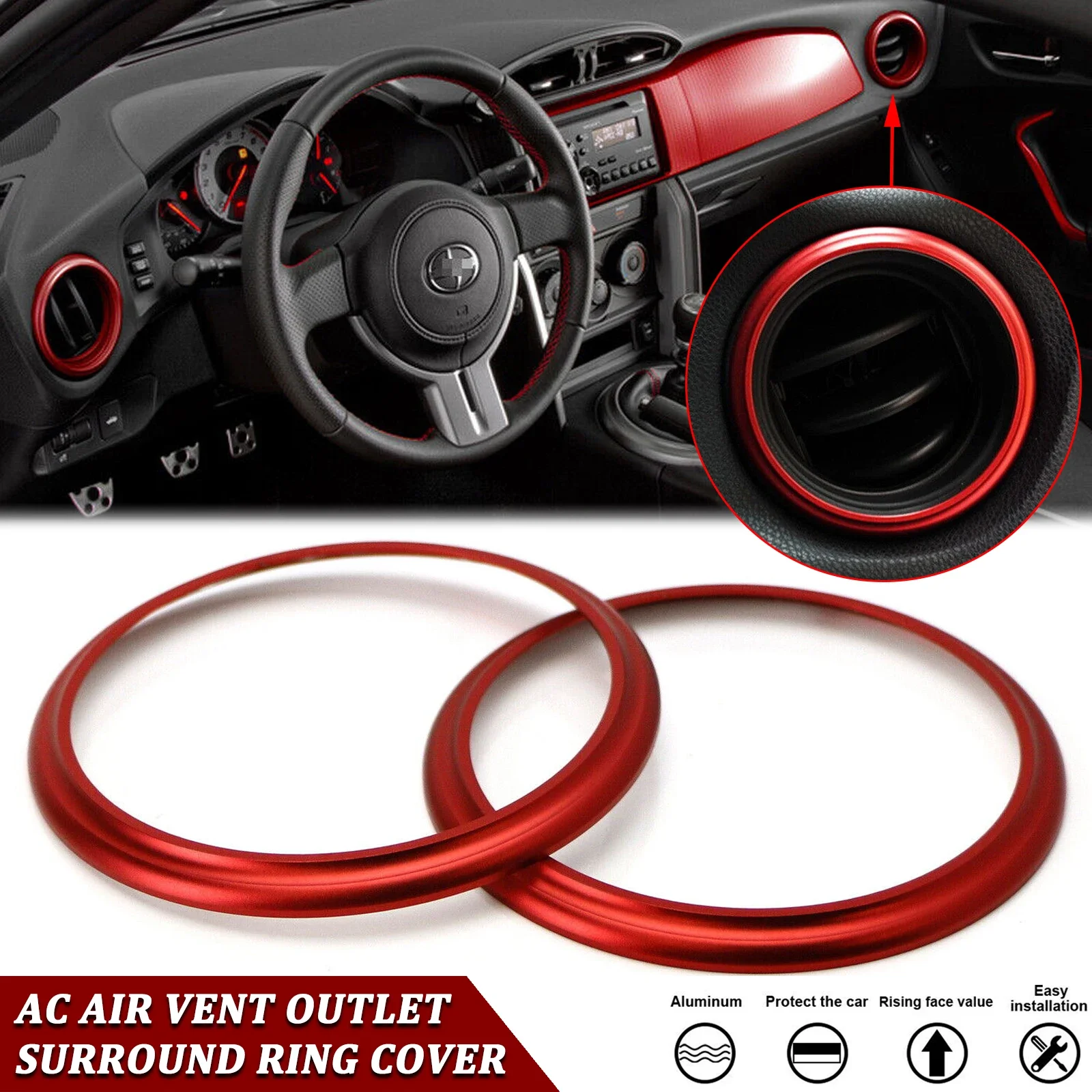 2pcs Red Interior AC Air Outlet Vent Surrounding Ring Cover For Scion FR-S 2013-2016/ Toyota 86 2017-2021/ Subaru BRZ 2013-2021