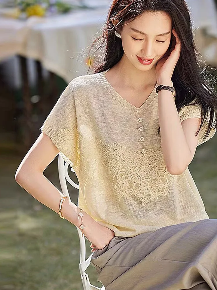 Faionable doux pour la peau glace soie haut tricoté dentelle épissage conception ort Sve été Faionable coréen Sle coupe ample