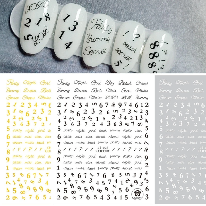 Newest Gold White Letter Number Design 3D Self Adhesive Decal Stamping DIY Decoration Tips Nail Sticker CB009