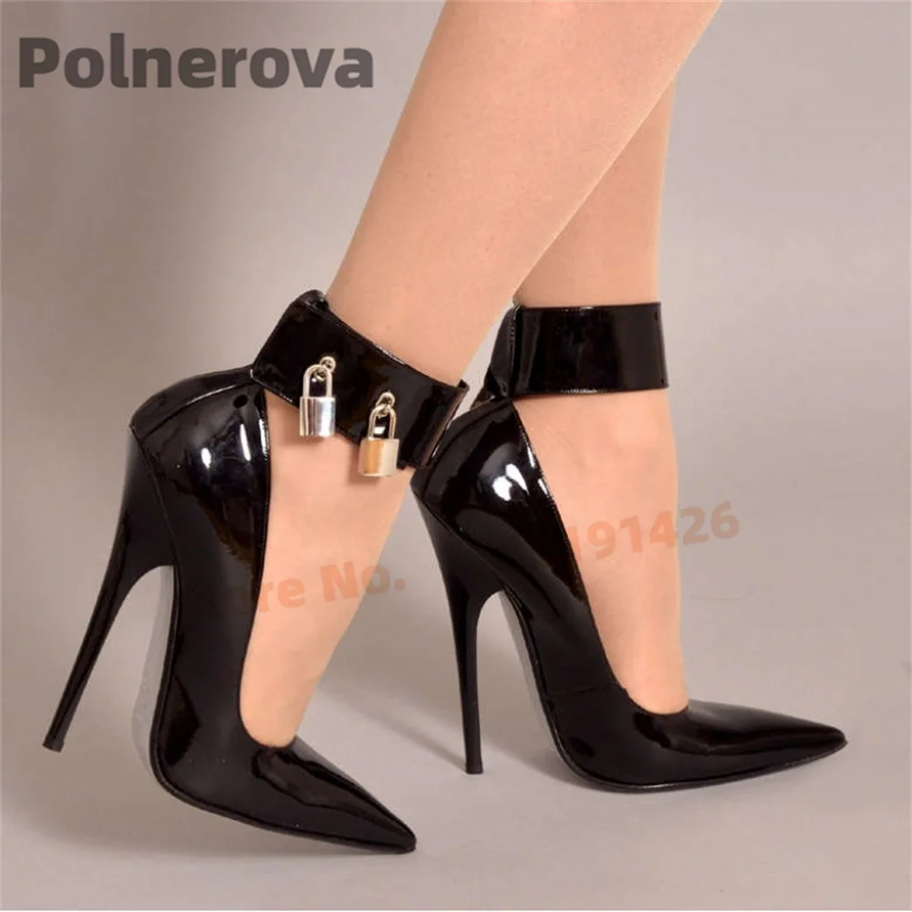 Metal Key Lock Black Pumps Women Sexy Pointed Toe Atent Leather Stiletto High Heels Solid Color Party Dress Bed Dancing Shoes