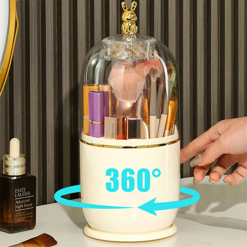 360° Rotating Makeup Brush Holder With Lid and Jelewy Storage Box Desktop Cosmetic Storage Box Lipstick Eyebrow Pencil Holder