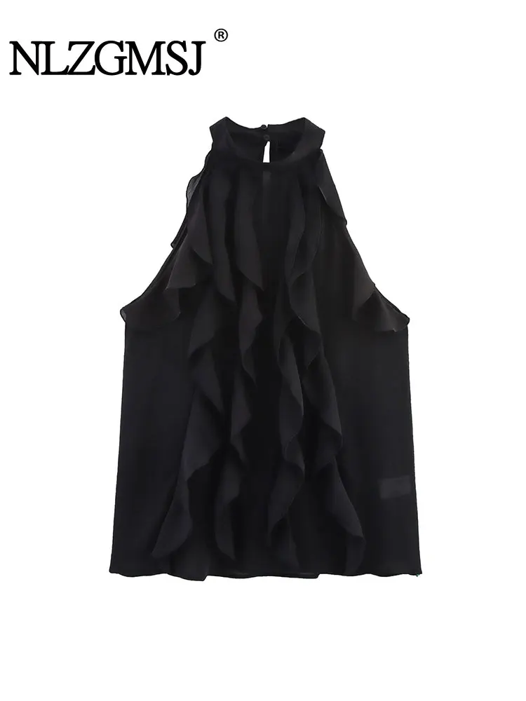 

Casual Chic Women Tops Solid Halter Ruffles Sleeveless Lace-up Vest New Fashion 2025 Spring Summer Holiday Tops