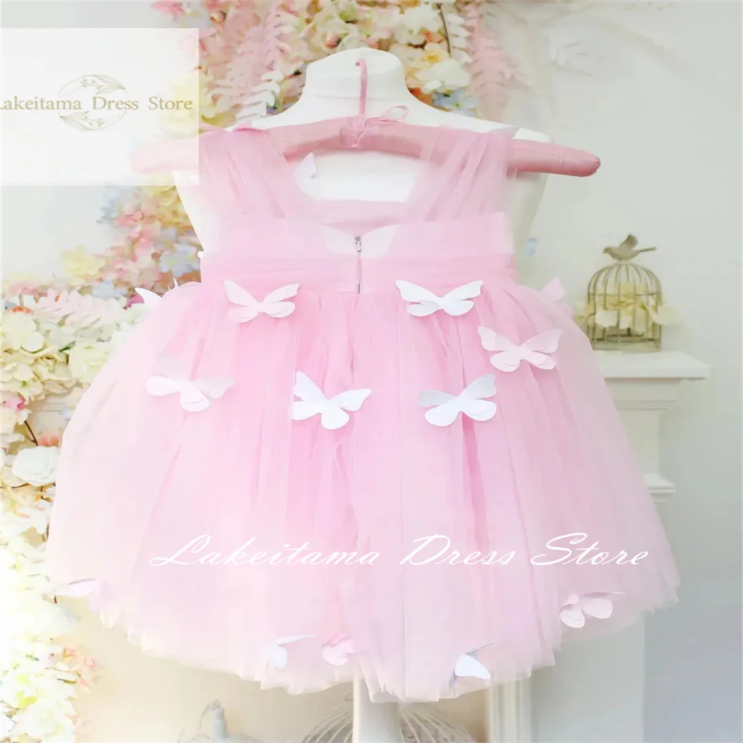 結婚式誕生日最初のピンクチュールふわふわ高低スカート 3D 蝶フラワーガールドレスノースリーブ聖体拝領ガウン