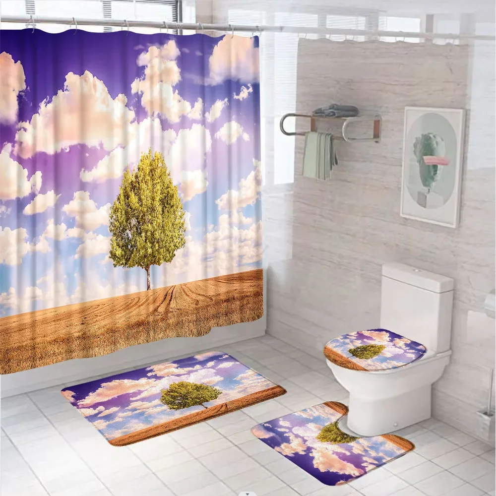 Country Field Tree Shower Curtain Set Natural Scenery Blue Sky White Cloud Bathroom Curtains Non-Slip Rug Toilet Cover Bath Mat