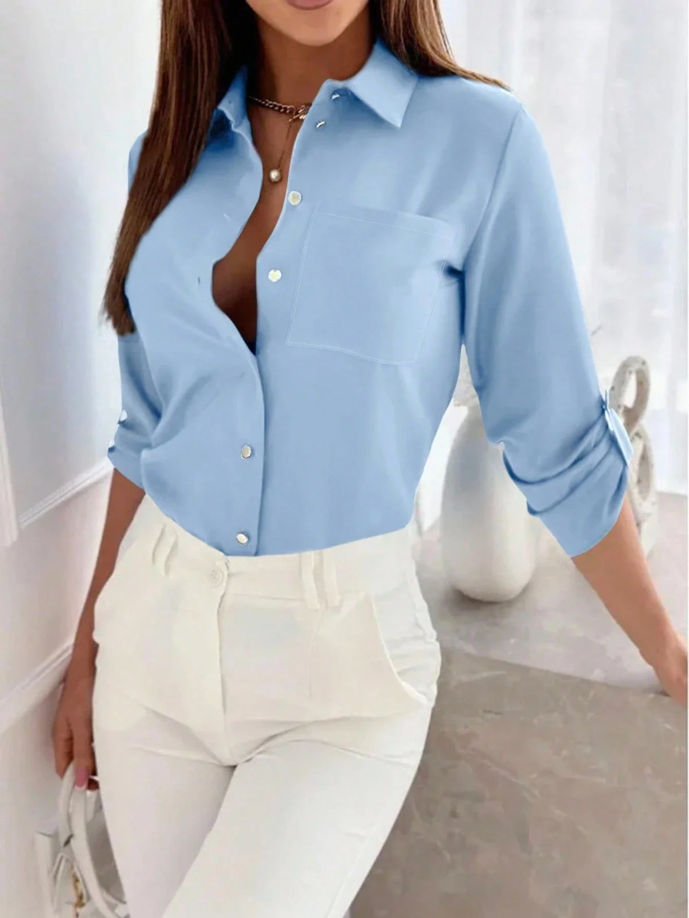 

Женская однотонная блузка с длинными рукавами и манжетами, повседневная, осенняя