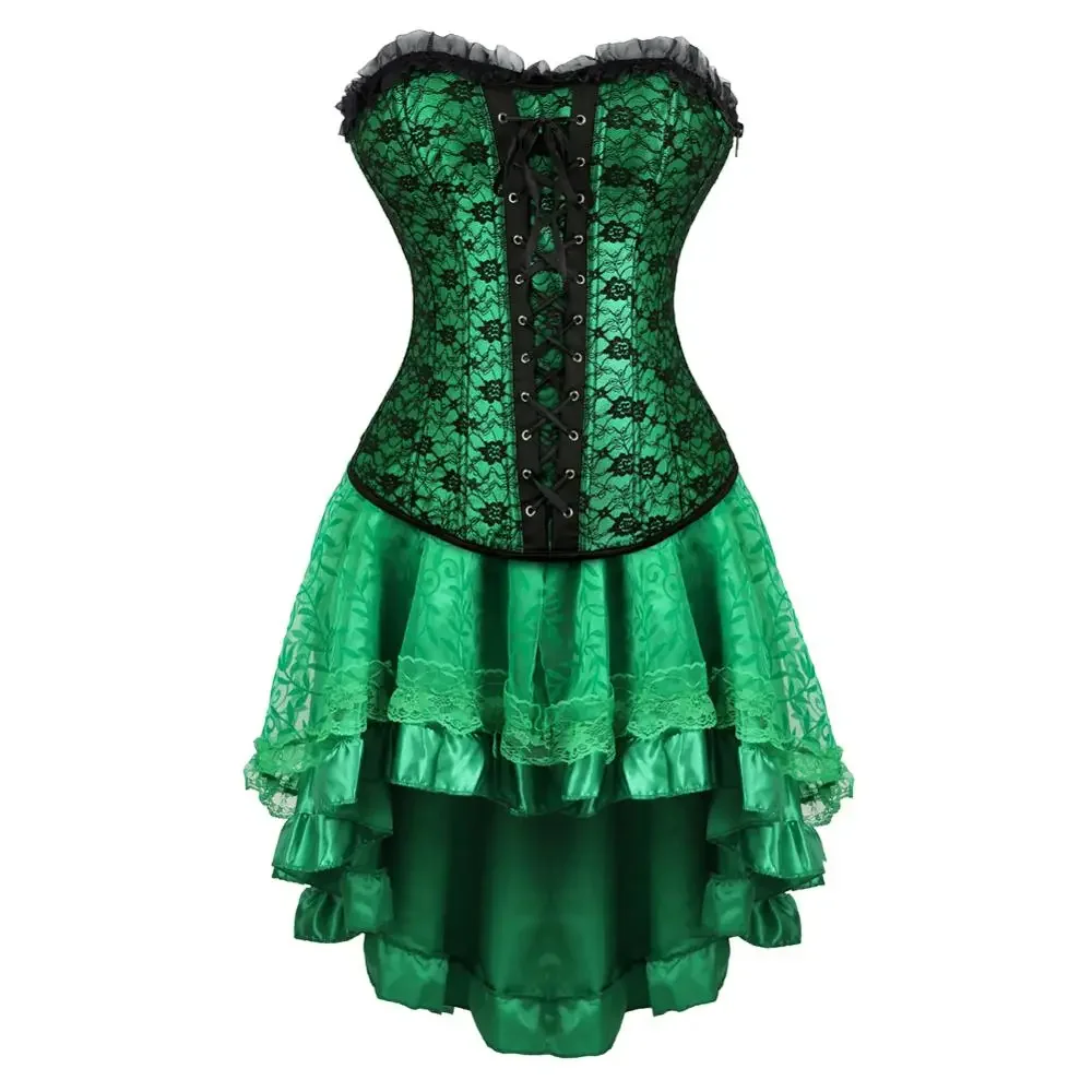 Corset Dresses for Women Steampunk Brocade Lace Boned Bustier Skirt Zip Retro Renaissance Korsage Sexy Cowgirl Party Clubwear