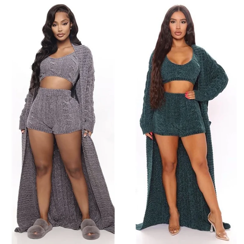 

HOUSEOFSD Sexy Sweater 3 Pieces Set Fashion Women's Long Cardigan Knitted Suit With Shorts Casual Solid Color Outfits For Women