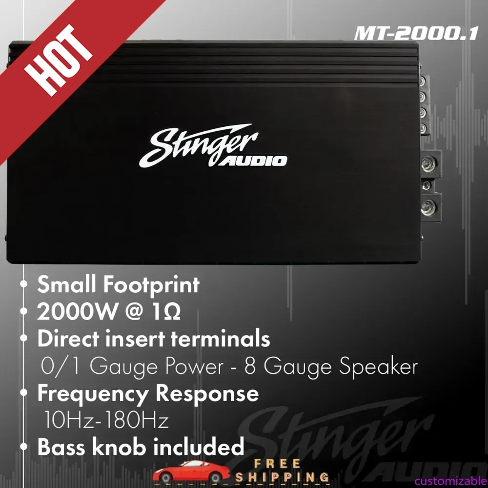 صوت قابل للتخصيص MT20001 1-قناة أحادية الكتلة 2000 وات RMS مضخم صوت السيارة مع مقبض جهير للتحكم عن بعد، فئة D،