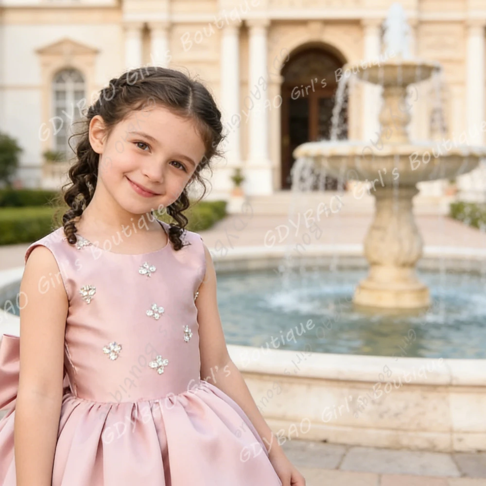 Customized Crystal Satin Flower Girl Dress Kids Backless Princess Holiday Super Bow Birthday Wedding Party Ball Gown With Train