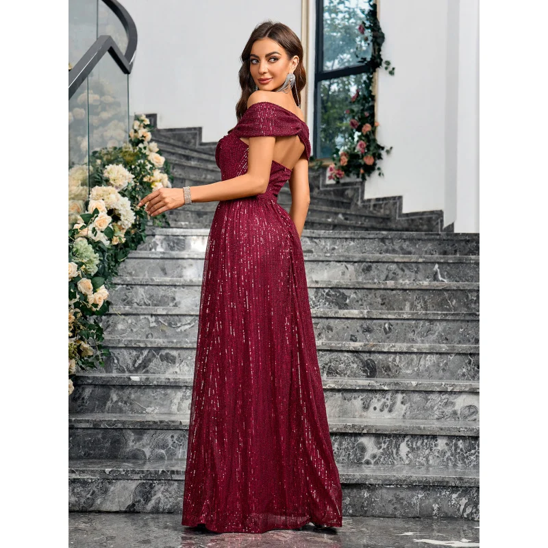 European and American Exclusive-Border Wine Red Solid Color Slim-Fit Sequined Dress Nightclub Dress