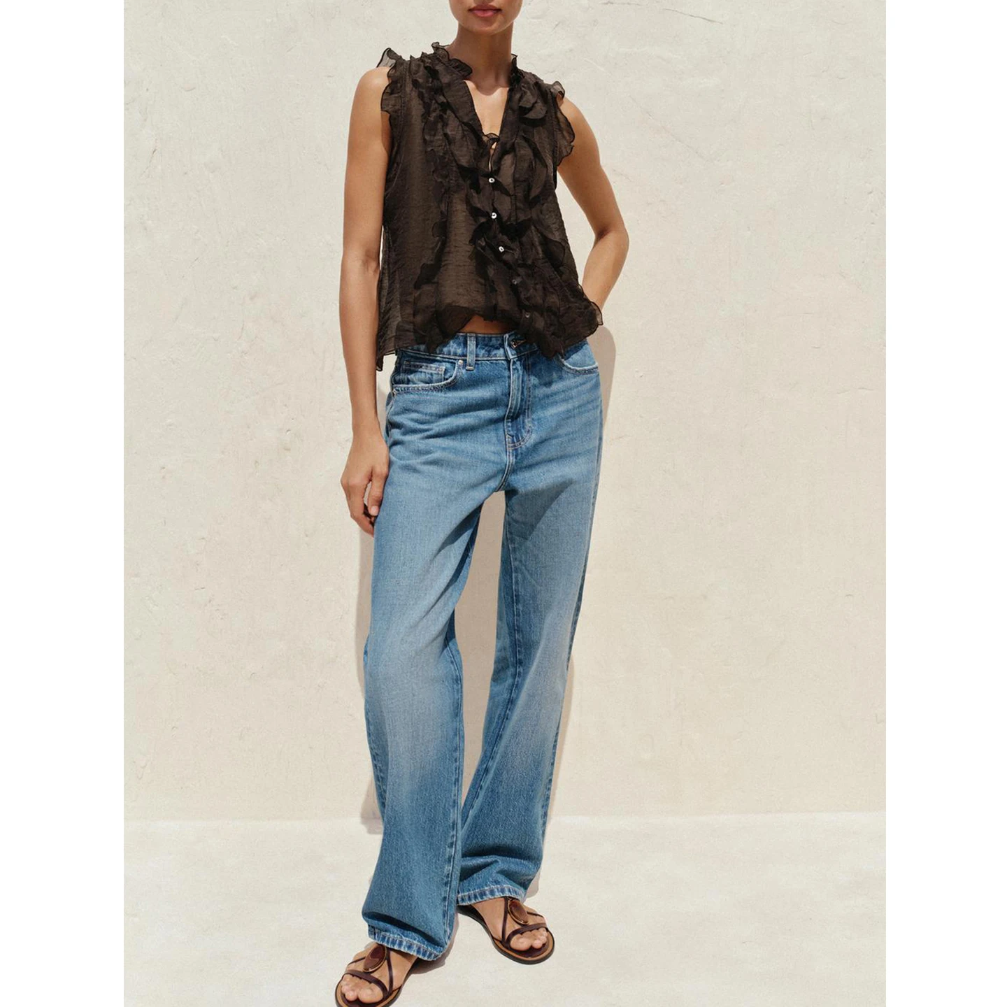 

Summer New Women's Semi-Transparent Svel round Ne Layered Decoration Drapey Top Commute Sle Loose Fit V-ne Polyes...